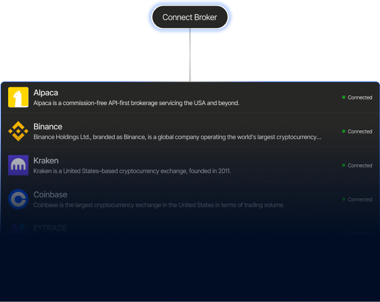 Connected brokers: Alpaca, Binance, Kraken, Coinbase, E*TRADE